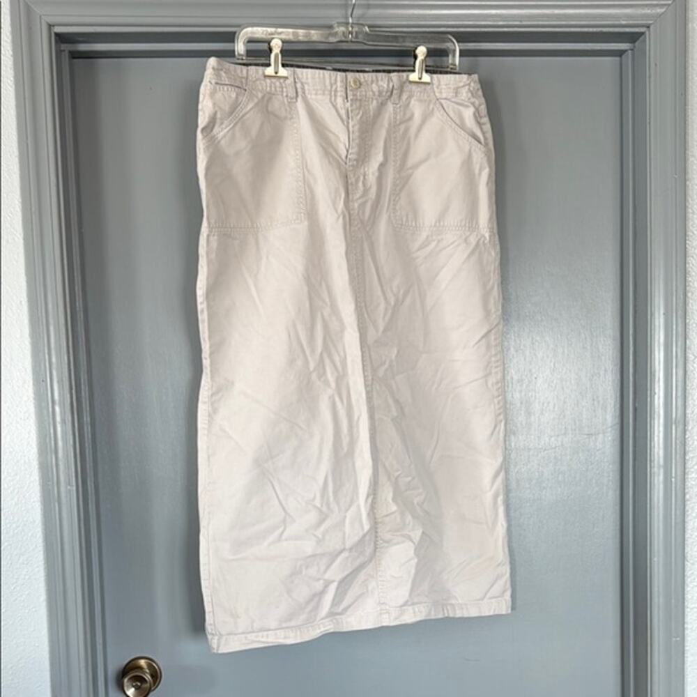 Tangents sz 13/14 Long Modest Khaki Cotton Skirt Pockets Zip and Button Close